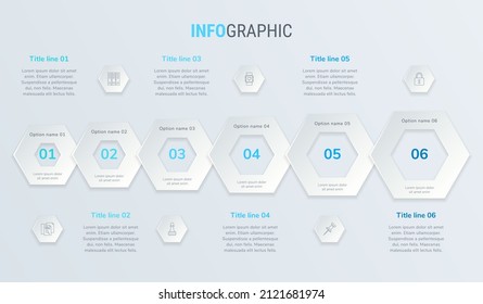 Blue vector infographics timeline design template with honeycomb elements. Content, schedule, timeline, diagram, workflow, business, infographic, flowchart. 6 steps infographic.