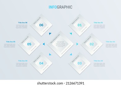 Blue vector infographics timeline design template with square elements. Content, schedule, timeline, diagram, workflow, business, infographic, flowchart. 6 options infographic.