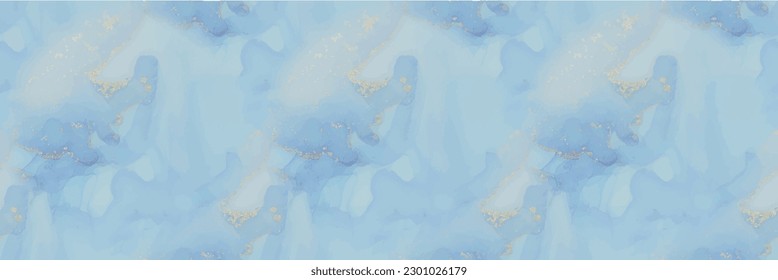 Blue Vector Ink Marble. Blue Abstract Watercolor. Gold Marble Background. Shiny Watercolor Repeat. Fluid Seamless Watercolor. Foil Art Paint. Golden Alcohol Ink Canvas. Vector Seamless Ink Template