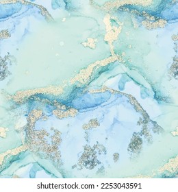 Blue Vector Ink Marble. Fluid Seamless Watercolor. Gold Art Paint. Blue Abstract Background. Metal Alcohol Ink Glitter. Foil Marble Watercolor. Golden Watercolor Canvas. Vector Seamless Ink Template