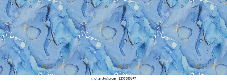Blue Vector Ink Marble. Foil Ink Paint. White Water Color Canvas. Gold Oriental Background. Gold Marble Watercolor. Modern Seamless Painting. Shiny Alcohol Ink Background. Vector Seamless Texture.