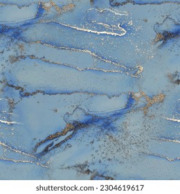 Blue Vector Ink Marble. Foil Gradient Background. Gold Marble Watercolor. Metal Watercolor Texture. Light Seamless Background. Foil Ink Paint. Golden Alcohol Ink Marble. Vector Seamless Art Template