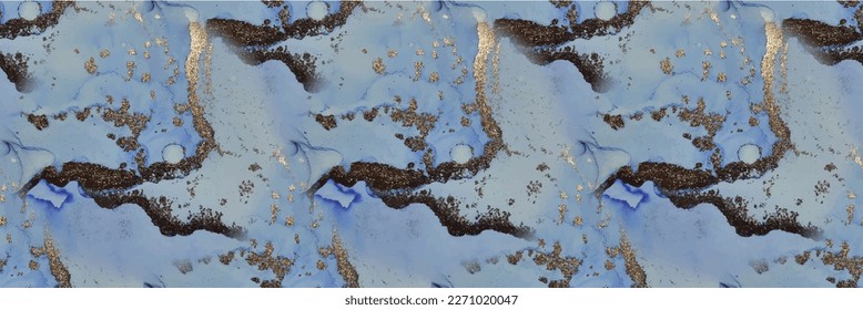 Blue Vector Ink Marble. Gold Marble Watercolor. Shiny Alcohol Ink Repeat. Foil Ink Paint. Luxury Watercolor Canvas. Gold Oriental Background. Vector Elegant Background. Modern Seamless Art Template