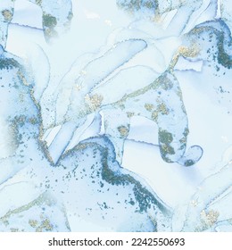 Mármol de tinta del vector azul. Lienzo acuarela dorado. Glitter de tinta de alcohol de cobre. Color de agua azul abstracto. Agua transparente. Fondo De Mármol Oro. Pintura de tinta de aceite. Pintura moderna de arte sin foco