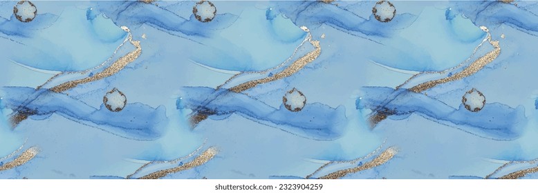 Blue Vector Ink Marble. Blue Seamless Background. Luxury Abstract Template. Luxury Alcohol Ink Canvas. Foil Art Paint. Fluid Elegant Glitter. Gold Marble Watercolor. Metal Water Color Background.