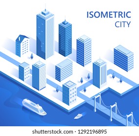 Blue vector isometric cityscape sea port and bridge