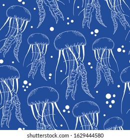 blue vector jellyfish seamless repeat pattern tile.