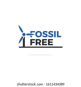 Blue Vector Label Illustration Of Fossil Free. Wind Energy Turbine.