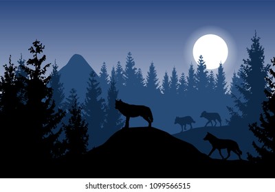 Blue vector landscape with a pack of wolves in dense forest with glowing moon.