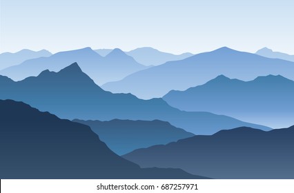 Blue vector landscape with silhouettes of misty mountains