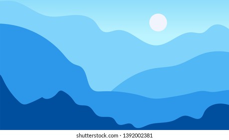 Blue vector landscape in trendy flat simple style. Nature background with gradient sky, sun, mountains and forest