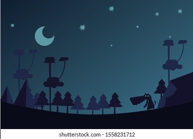 Blue vector landscape with a wolf in a dense forest with glowing moon
