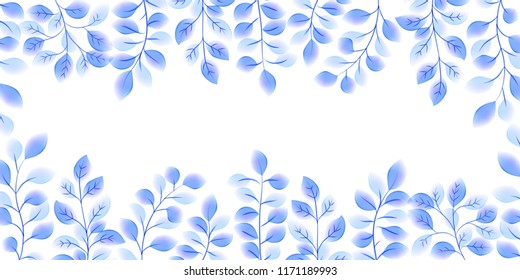 Blue vector leaves greeting card frame in watercolor style on white background