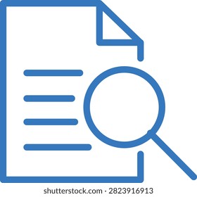 A blue vector line art icon depicting a document page with text lines and a magnifying glass searching through it.