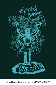 Blue vector line illustration woman hand up creator sketch
