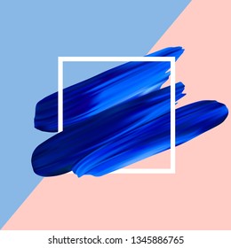 Blue vector lipstick smear. Female girly logo. Paint brush stroke in frame, banner template. Design element