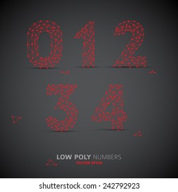 Blue Vector low poly (wired) numbers font with shadow (red on dark background)