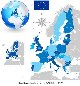 Blue Vector Map of Europe with European Union Countries highlighted in shades of Blue