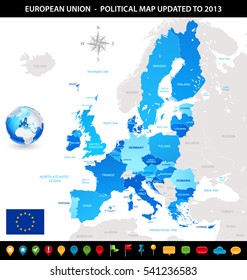 Blue vector map of the European Union, with flag and a 3D globe of the world centered on Europe. 