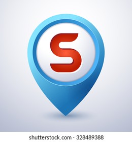 blue vector map marker pointer with icon of letter s chart travel index conceptual point gold tourism red lead orange rich unusual sign object site partnership yellow green clean location pin glassy g