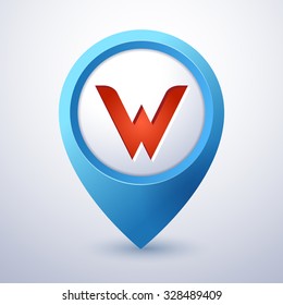 blue vector map marker pointer with icon of letter w chart tour index conceptual point golden tourism red leader orange treasure unusual sign item site employment green clean position pin shining guid