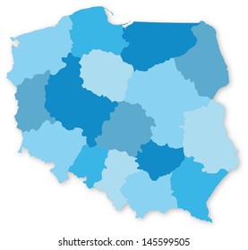 Blue vector map of Poland with voivodeships on white projected in UTM coordinate system. All elements are separated in editable layers clearly labeled.