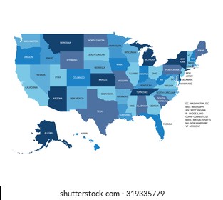 Mapa vectorial azul de los Estados Unidos de América aislado en fondo blanco