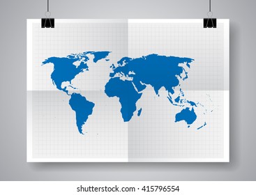 Blue vector map of the world on a gray background. Twice a folded poster with clamps.