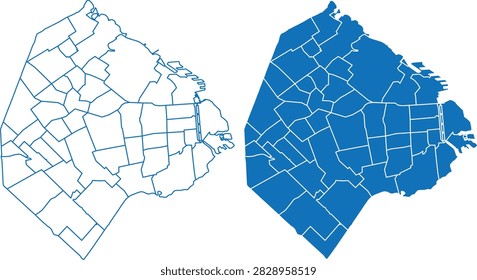 blue vector maps of Buenos Aires city showcasing district and neighborhood subdivisions in outline and filled styles