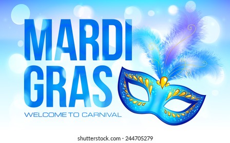 Blue vector Mardi Gras banner template with carnival mask with feathers