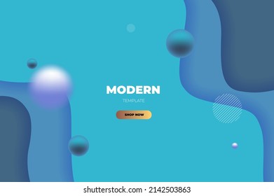 Blaue, moderne Vorlage mit Papier, das mit gewellten Linien, fliegenden Sphären und goldenem Knopf geschnitten ist