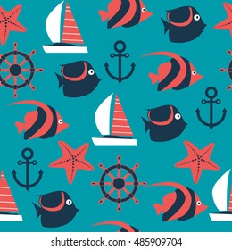 blue vector nautical seamless pattern