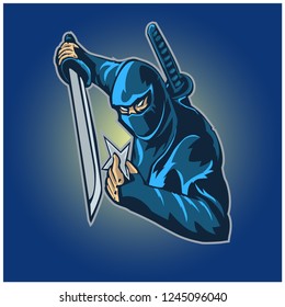 blue vector ninja warrior mascot for e sport logo