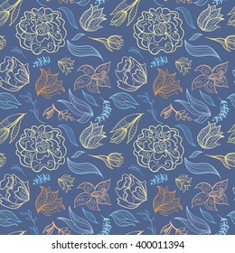 Blue Vector Outline Floral Pattern | Summer seamless texture with yellow, orange and pink doodle flowers 