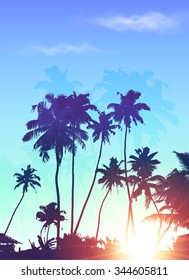 Blue vector palms silhouettes tropical sunset background