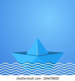 Blue vector paper origami boat in sea waves