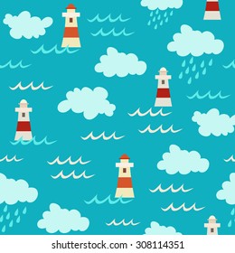 Blue vector pattern. Cute red lighthouses elements, waves, clouds.