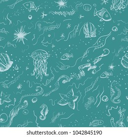 Blue vector pattern on ocean and sea themes. Seamless pattern for printing on fabric, text, paper, cover for notebook