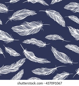 Blue Vector Pattern with White Feathers | Seamless tile texture with elegant classical feather ornaments