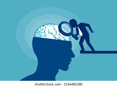 Blue vector of person with magnifier exploring brain of human studying mind and psychology on blue background