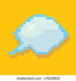 blue vector pixel art speech bubble on orange background.