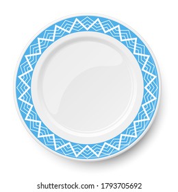 Blue vector plate with white geometric pattern isolated on white background