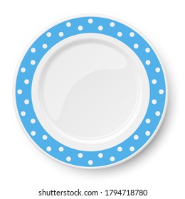 Placa vectorial azul con un patrón de puntos de polka blanca aislado en fondo blanco