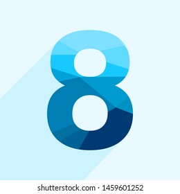 Blue vector polygon eight number font with long shadow.  Low poly illustration of flat design.