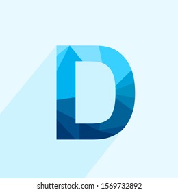 Blue vector polygon letter D with long shadow. Abstract low poly illustration of flat design.