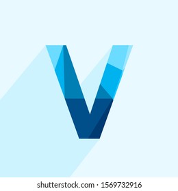 Blue vector polygon letter V with long shadow. Abstract low poly illustration of flat design.