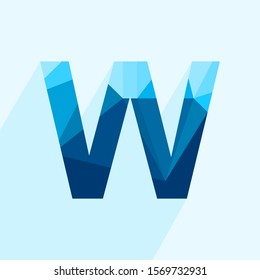 Blue vector polygon letter W with long shadow. Abstract low poly illustration of flat design.