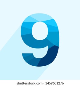 Blue vector polygon nine number font with long shadow.  Low poly illustration of flat design.