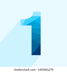 Blue vector polygon one number font with long shadow.  Low poly illustration of flat design.