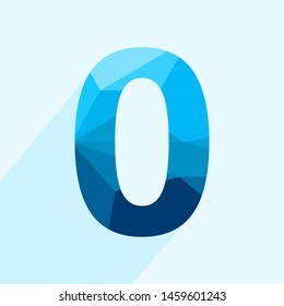 Blue vector polygon zero number font with long shadow.  Low poly illustration of flat design.